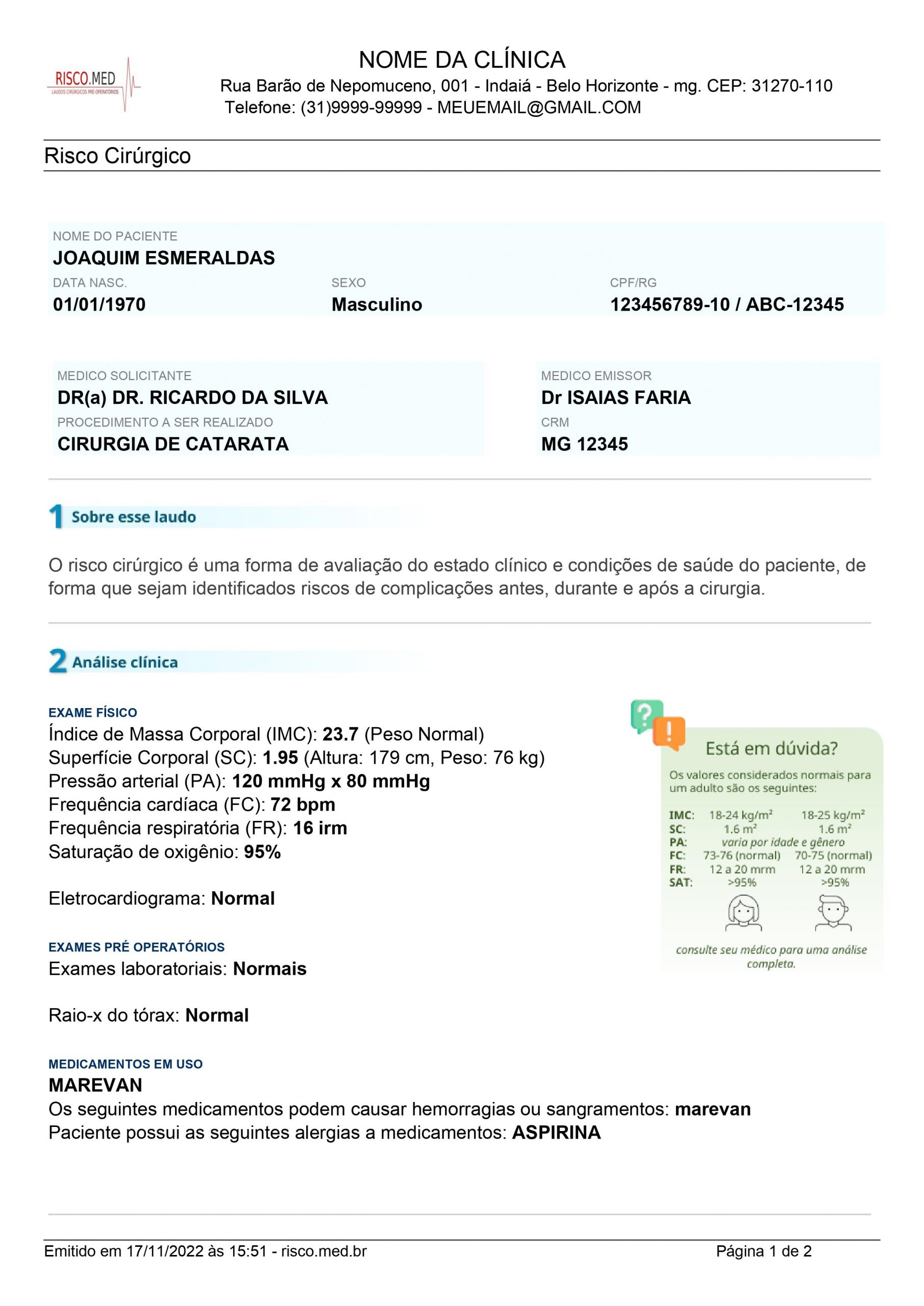 Exemplo de laudo de risco cirúrgico - página 1