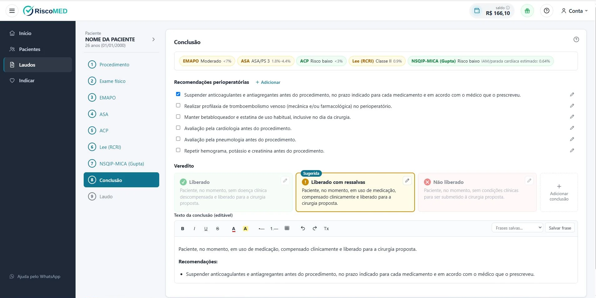 Tela da etapa de conclusão do Risco MED com os índices de risco calculados, a lista de recomendações perioperatórias, as opções de veredito e o editor do texto da conclusão